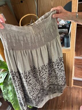 Smocked Waist Taupe Floral Border Midi Skirt